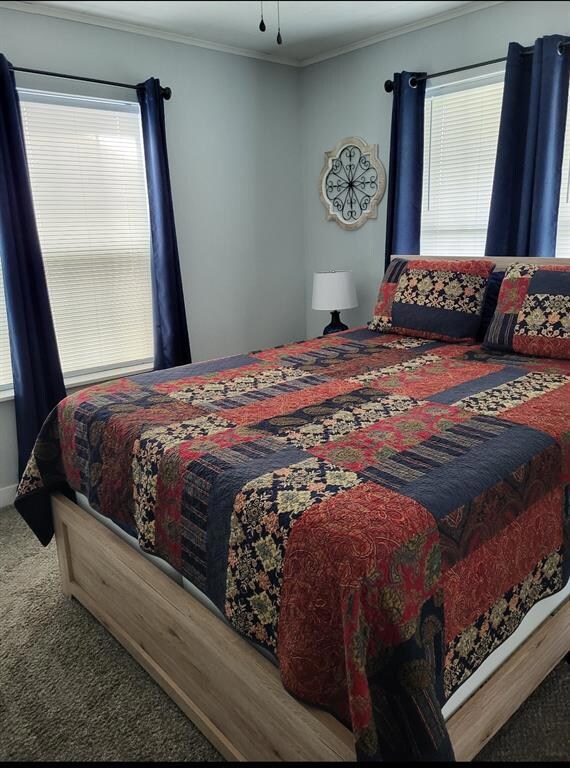 Carpeted bedroom with ornamental molding