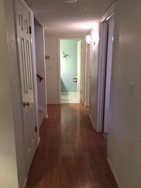 The wood laminate hallway leads to the guest half 