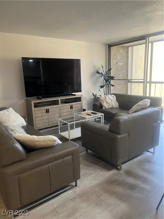 Living area featuring a wall of windows and a textured ceiling