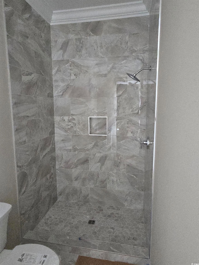 Full bathroom featuring ornamental molding and a tile shower