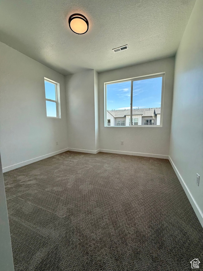 Unfurnished room with dark colored carpet and a textured ceiling