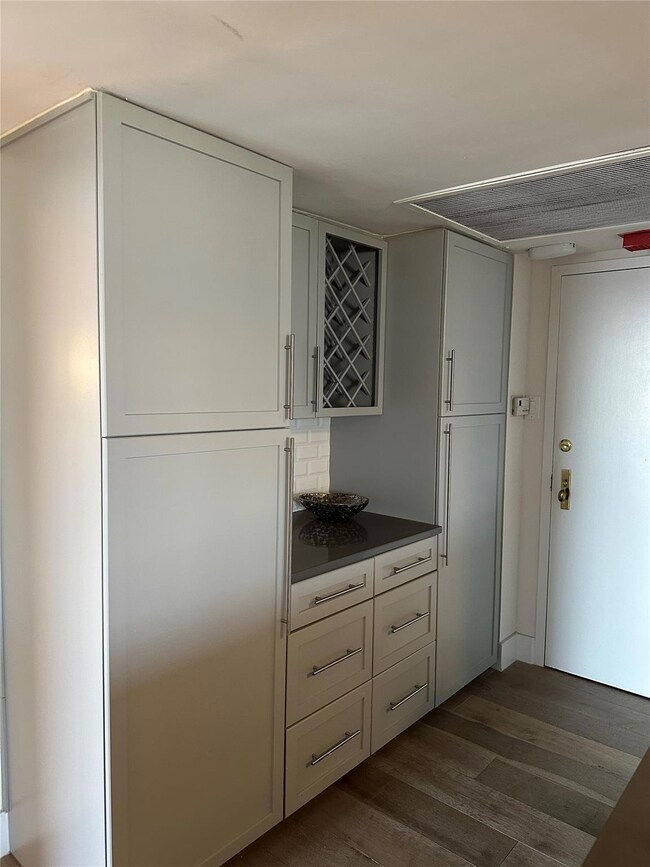 Kitchen featuring dark countertops and dark wood-type flooring