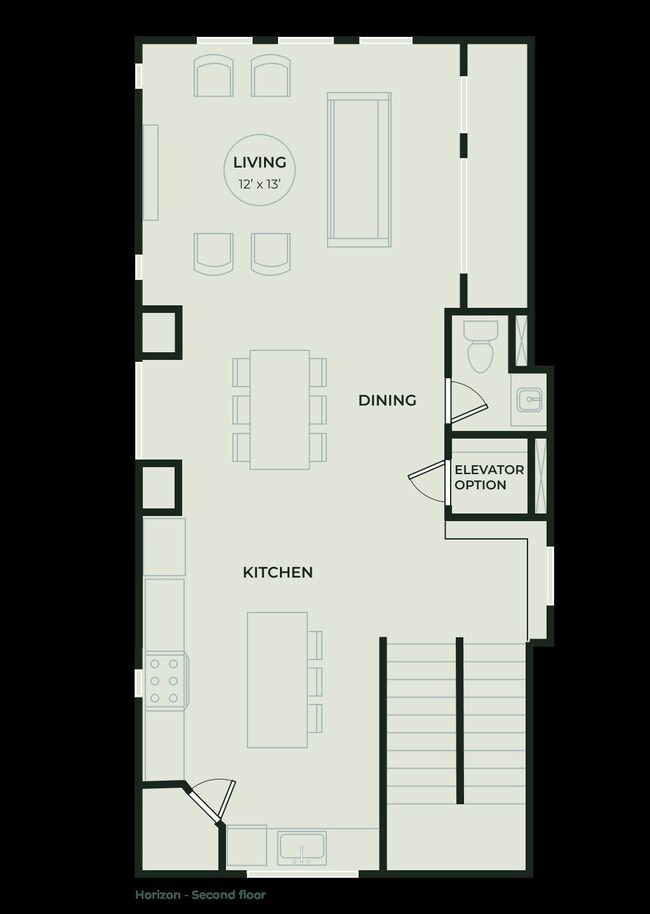 Spacious second floor featuring an open kitchen, dining area, and cozy living room. Includes a powder room and optional elevator access for added convenience.