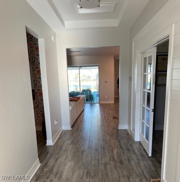 Entry Hall featuring a raised ceiling and dark hardwood / wood-style floors