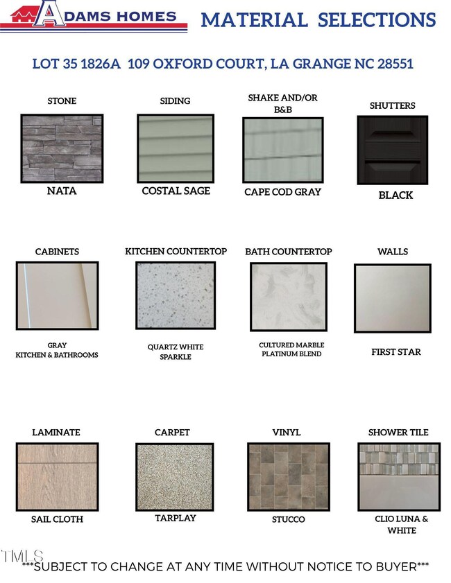 LOT 35 1826A MATERIALS SELECTIONS