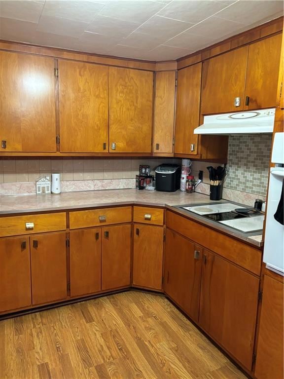 Kitchen featuring light hardwood / wood-style flooring, oven, cooktop, tasteful backsplash, and ventilation hood