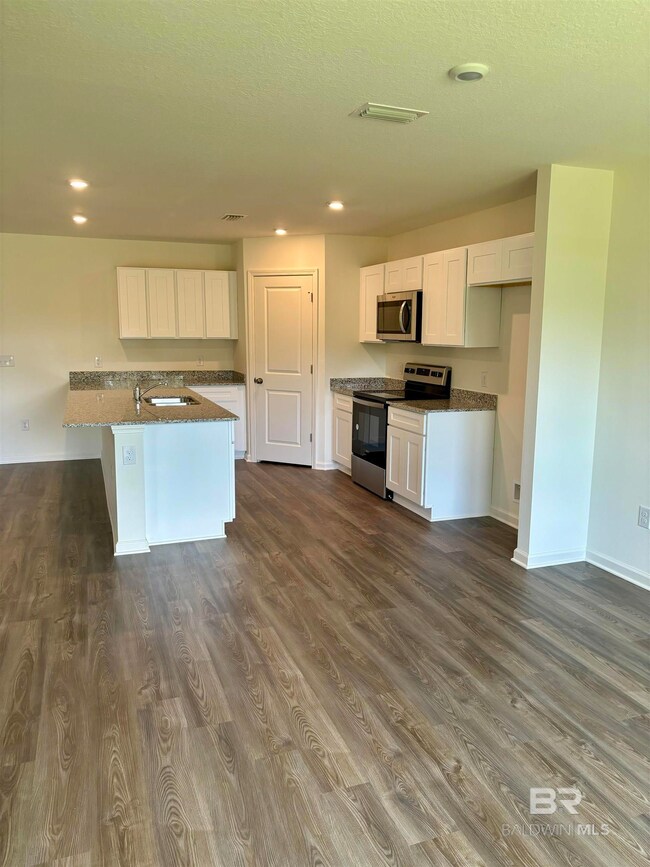 Kitchen with white cabinets, dark hardwood / wood-style floors, and appliances with stainless steel finishes