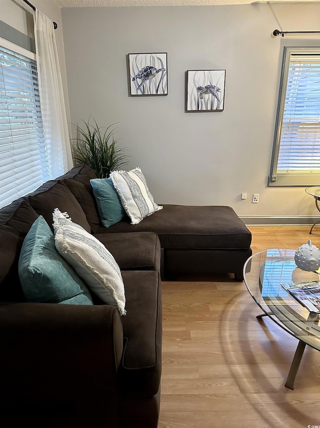 Living room with wood finished floors and baseboard heating
