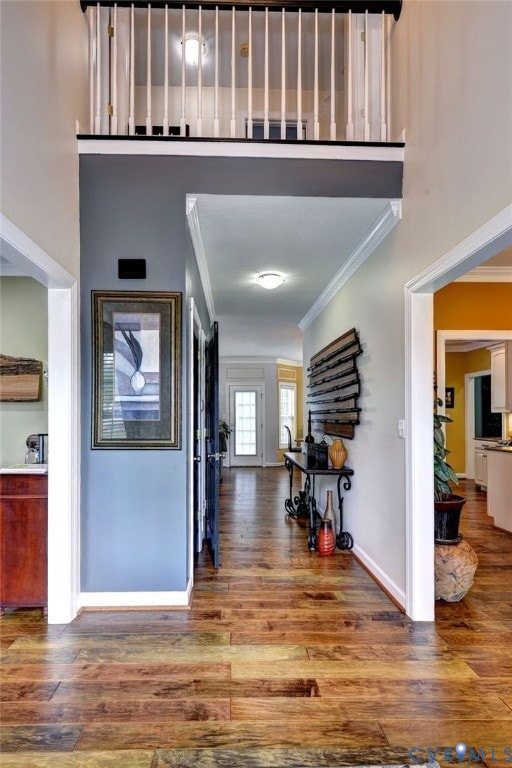 Foyer with wood-type flooring and crown molding