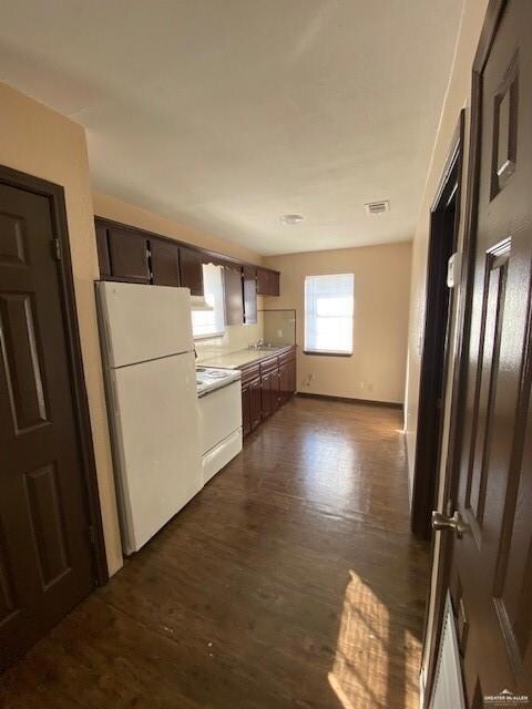 Kitchen with dark brown cabinets, white appliances, and dark hardwood / wood-style flooring