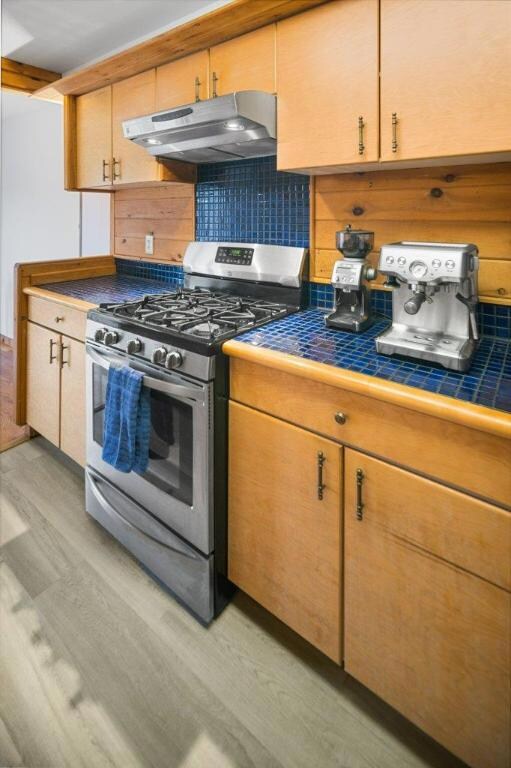 Stainless steel gas range and hood. Plenty of hidd