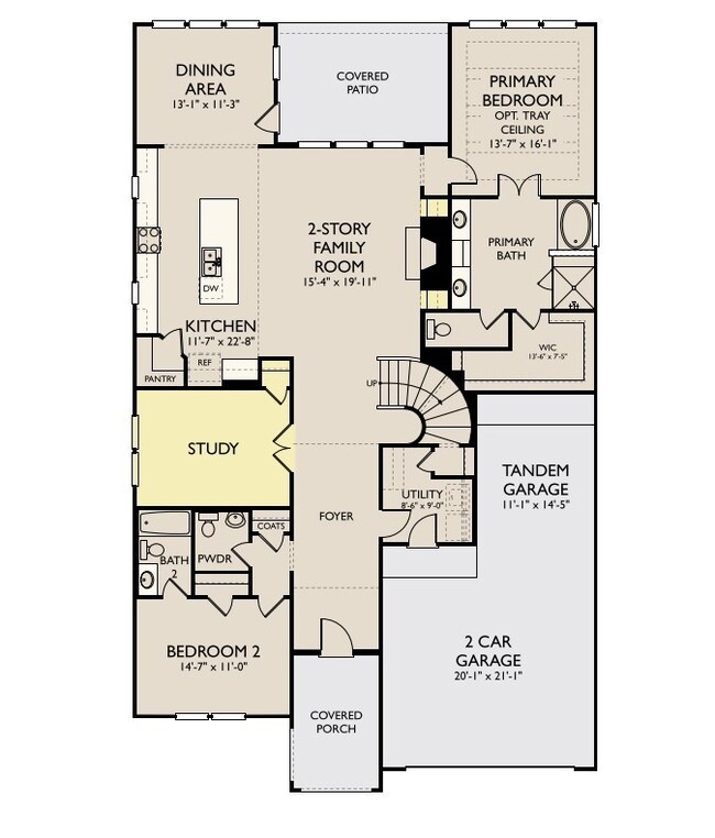 The 1st floor of the Ashling floorplan features the master suite, guest bedroom, formal dining, and the 2-story family room.