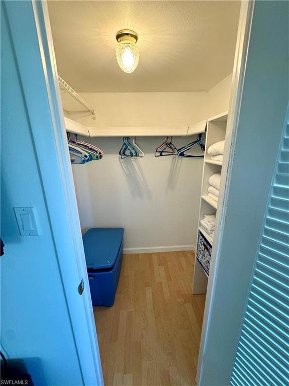 Walk in closet with light wood-style flooring