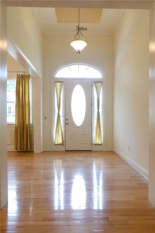 Foyer with light wood-type flooring, a tray ceiling, and baseboards
