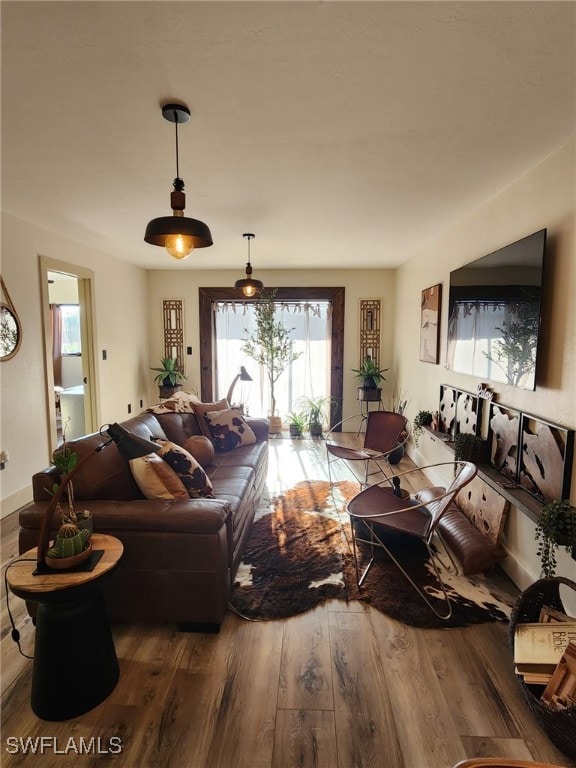 Living area featuring baseboards and wood finished