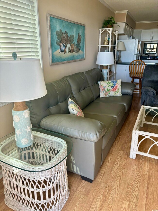Living room with crown molding and light hardwood / wood-style floors