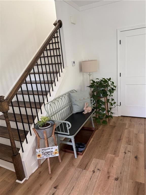 Stairs featuring wood finished floors