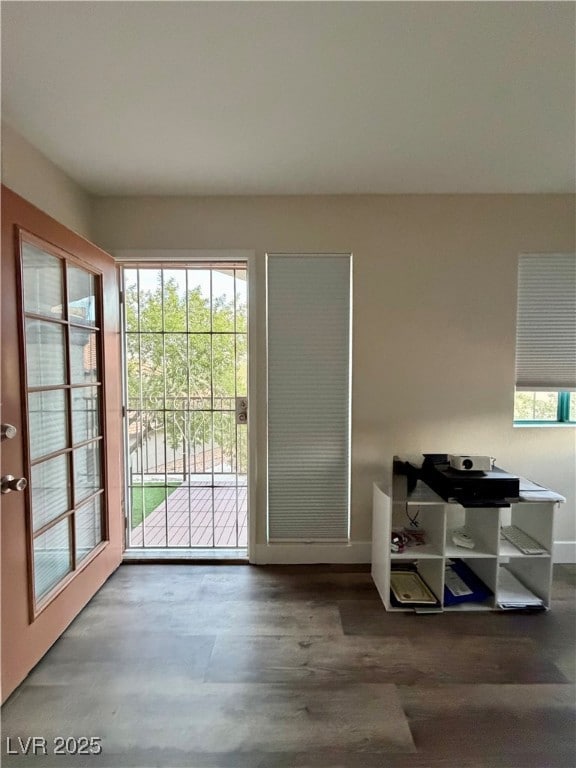 Doorway with baseboards and wood finished floors