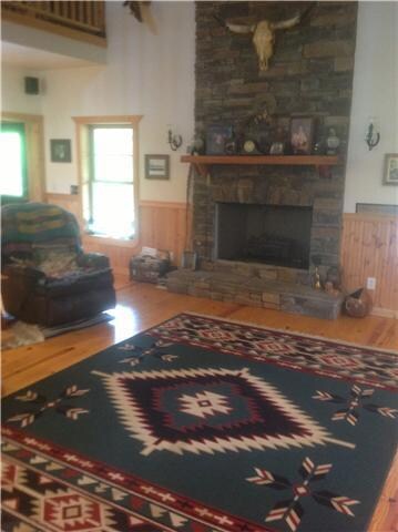 Gathering room with fireplace.