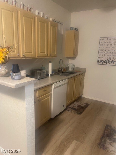 Kitchen featuring dishwashing machine, light wood-