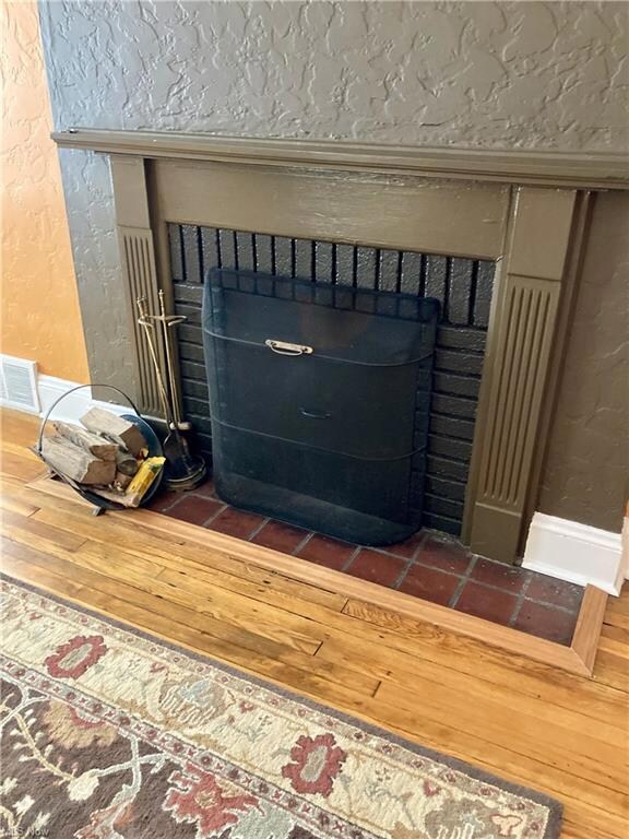 Wood-burning fireplace.