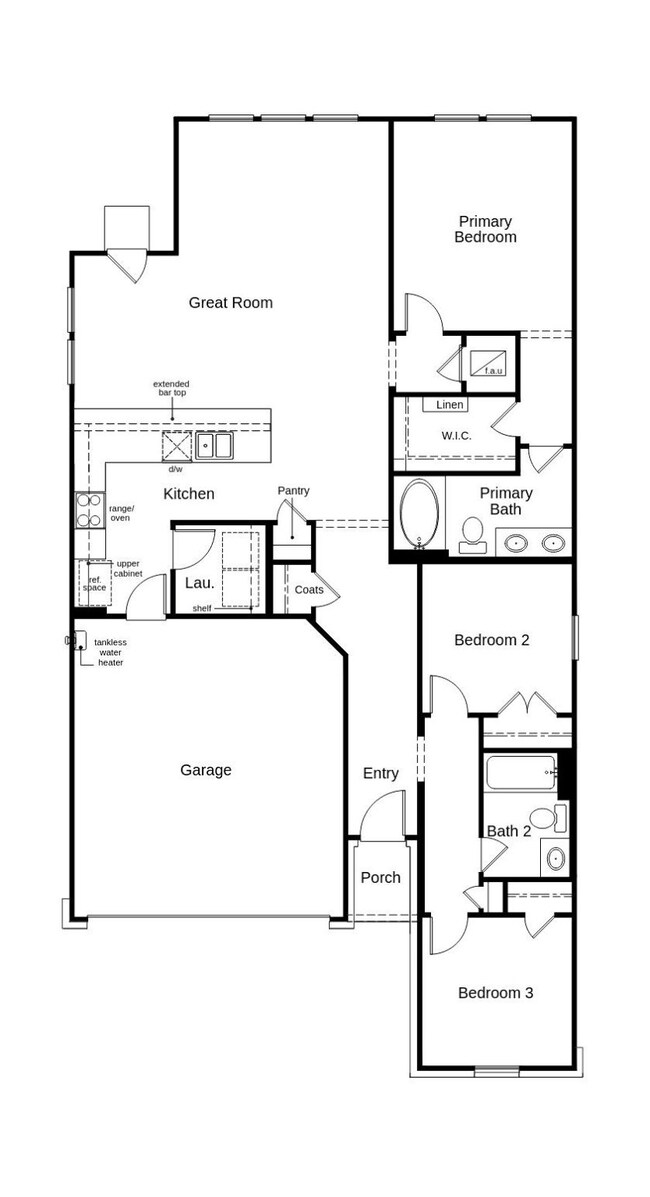 This floor plan features 3 bedrooms, 2 full baths