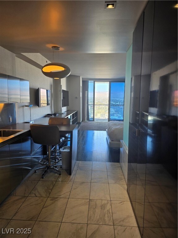 Living room with marble finish floor