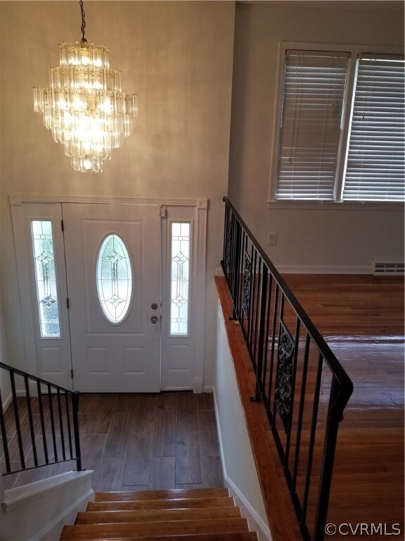 Foyer -ceramic tile floor, beautiful chandelier, d