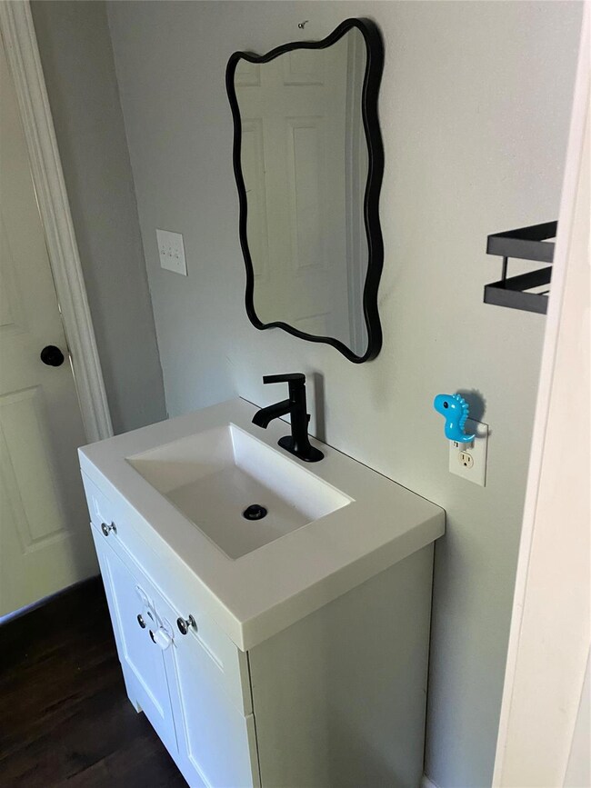 Bathroom featuring vanity and wood-type flooring
