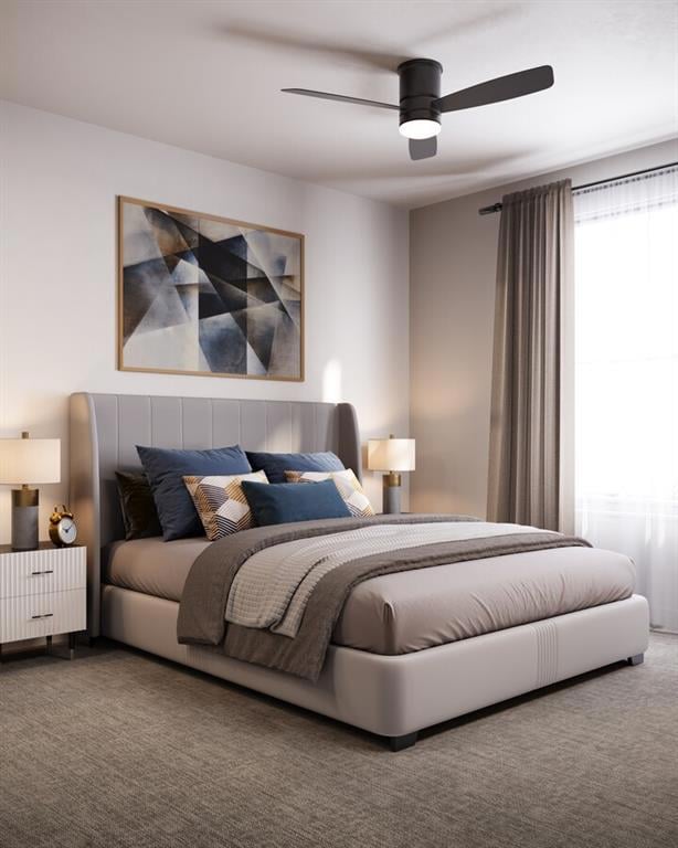 Bedroom featuring ceiling fan and carpet flooring