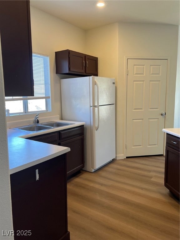 Kitchen featuring light countertops, light wood-style floors, dark brown cabinetry, freestanding refrigerator, and recessed lighting
