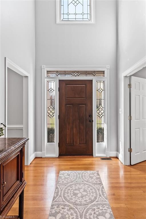 Enter into the 2 story foyer, Dining room and Living room are to the right and left respectively.