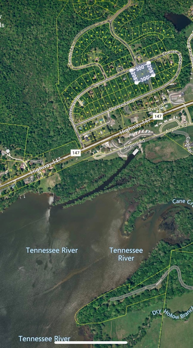Property is highlighted to show proximity to TN River/KY Lake/Cane Creek Marina. You may access the water through Danville or Cane Creek.