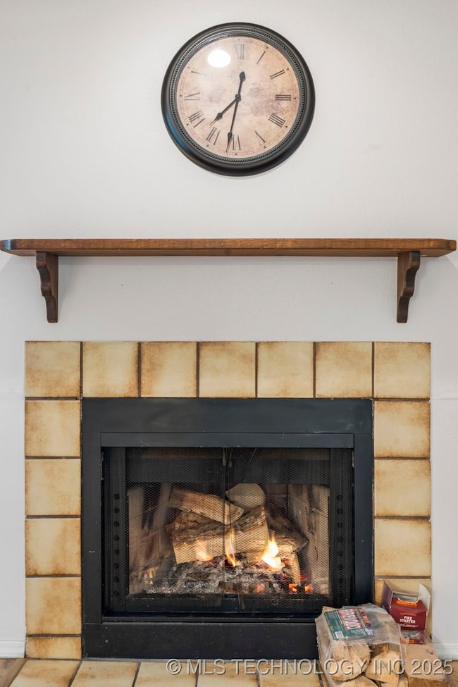 Detailed view of a warm lit fireplace