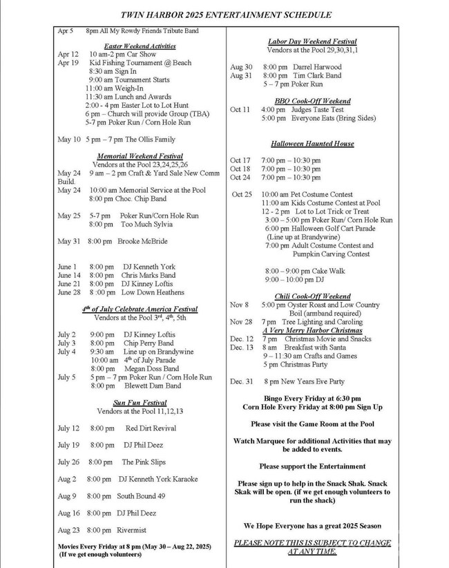 2025 Twin Harbor Entertainment Schedule with several things added including a Second Chance Prom