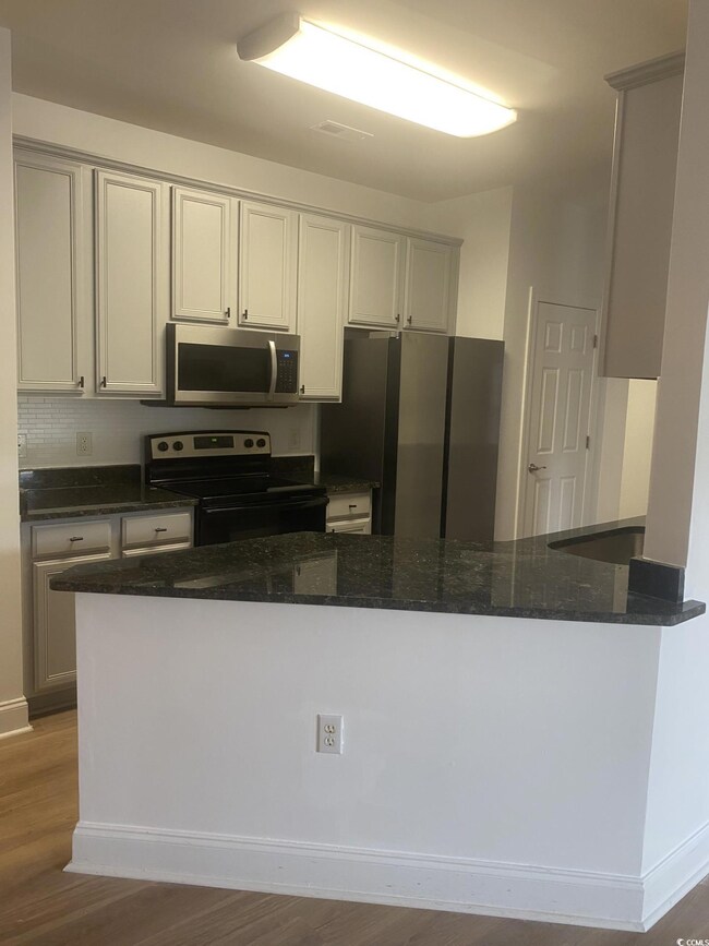 Kitchen featuring stainless steel appliances, dark stone counters, and wood finished floors