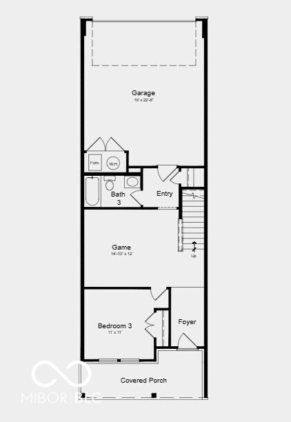 First Floor Plan - Additional highlights include: covered deck with a sliding glass door, an expansive dual sink vanity in the primary bathroom, and water softener rough-in located on the first floor under the stairs
