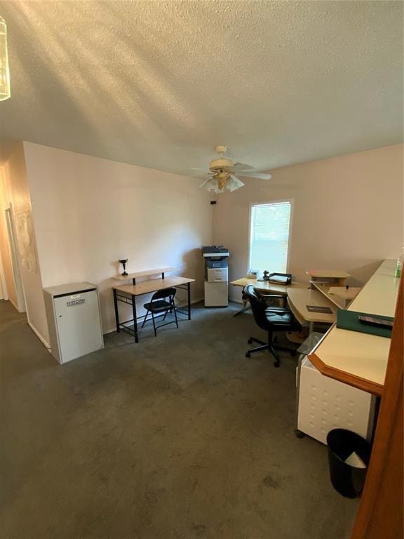 Carpeted office featuring ceiling fan and a textur