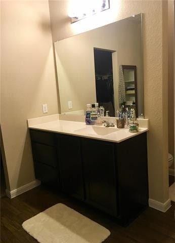 Bathroom featuring vanity, wood finished floors, 