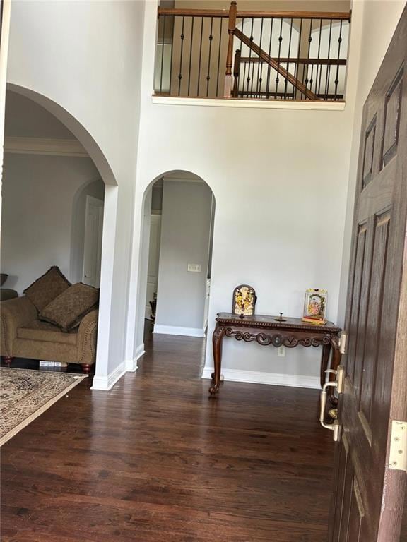 Entryway with baseboards, wood finished floors, ornamental molding, and a towering ceiling