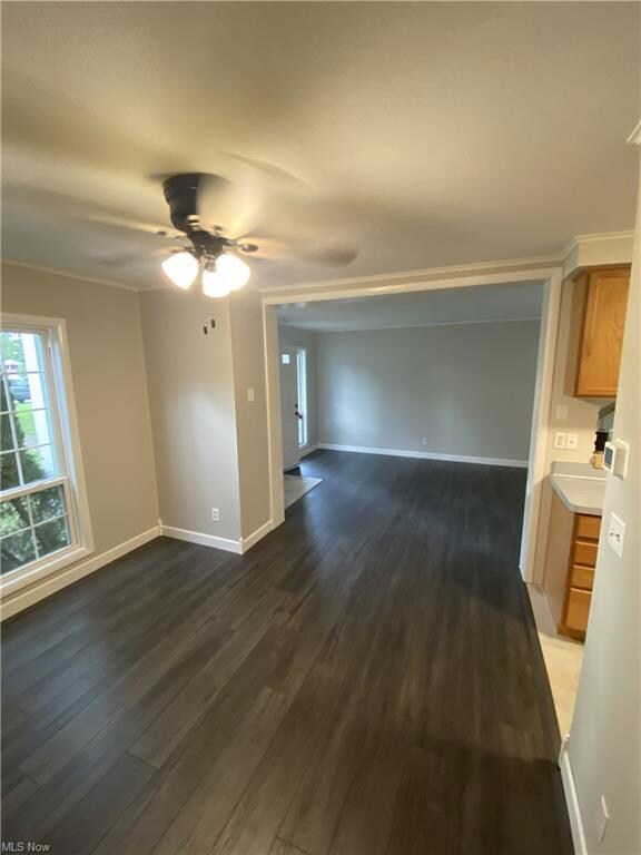 Empty room with dark hardwood flooring, crown mold