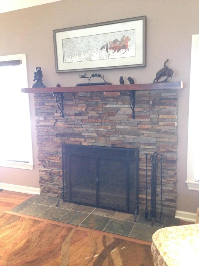 stacked stone fireplace