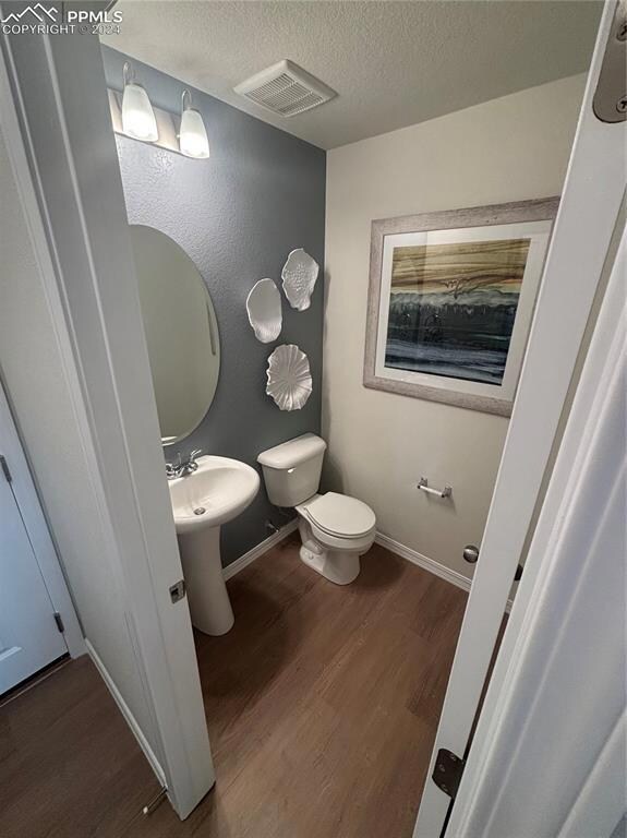 Bathroom featuring wood-type flooring, a textured 