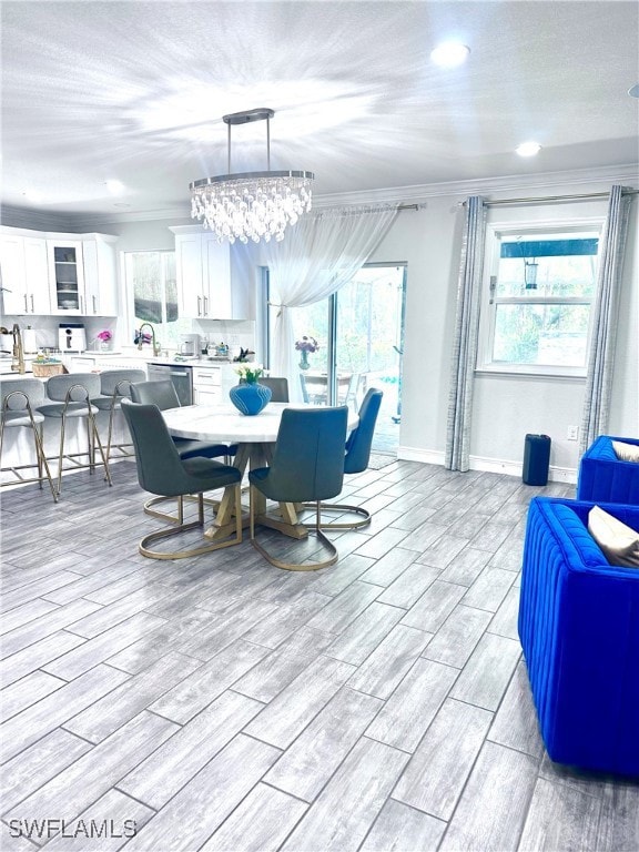 Dining area with a notable chandelier, ornamental