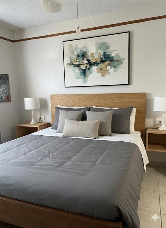 Tiled bedroom featuring a textured ceiling.  Staged Photo.