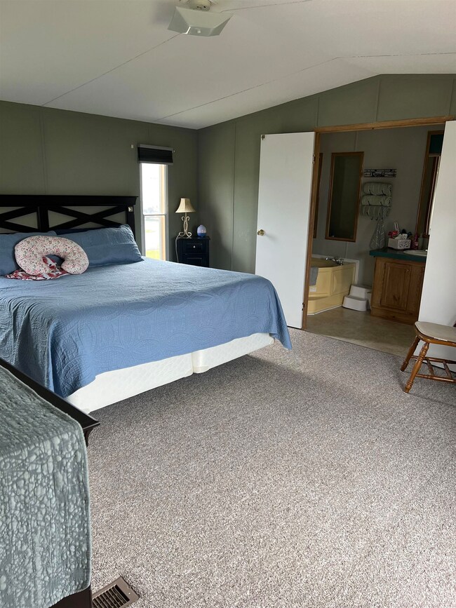 Bedroom with carpet, connected bathroom, and vault