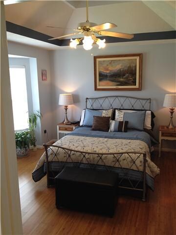 Master bedroom is light and welcoming with bay window and trey ceiling.