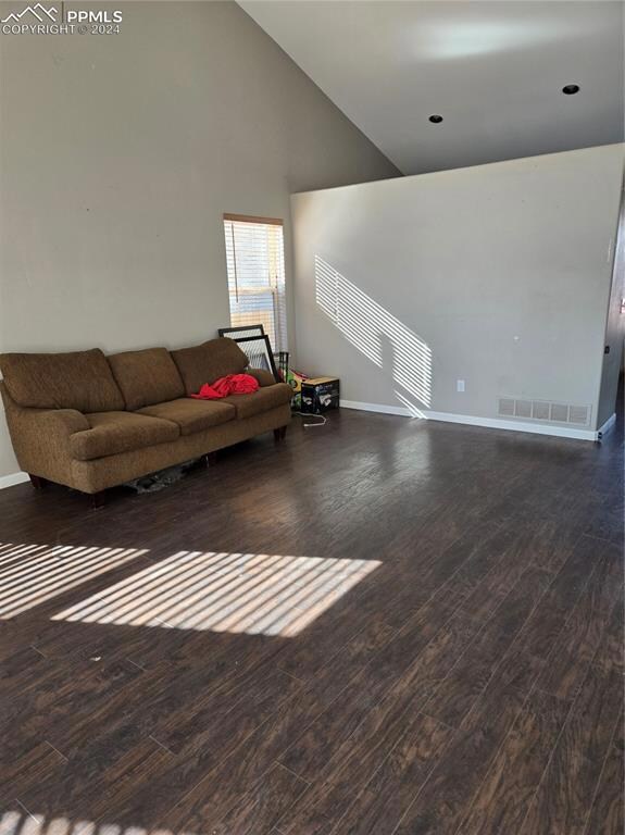 Living room featuring high vaulted ceiling and dar