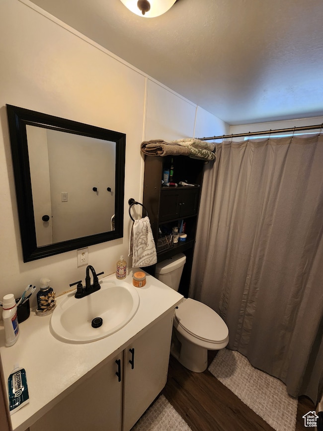 Full bathroom with vanity, dark wood finished floors, and a shower with shower curtain