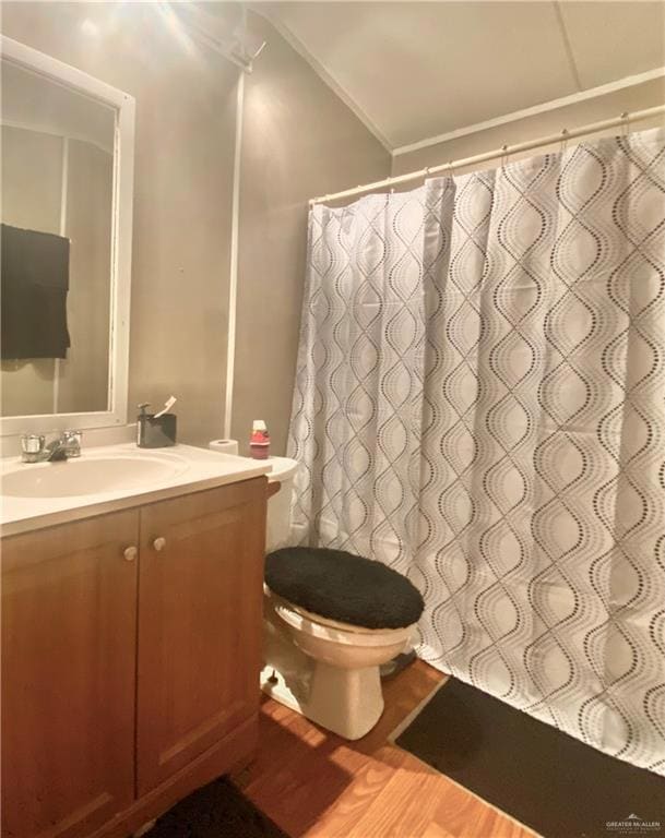 Bathroom featuring vanity, wood finished floors, lofted ceiling, and curtained shower
